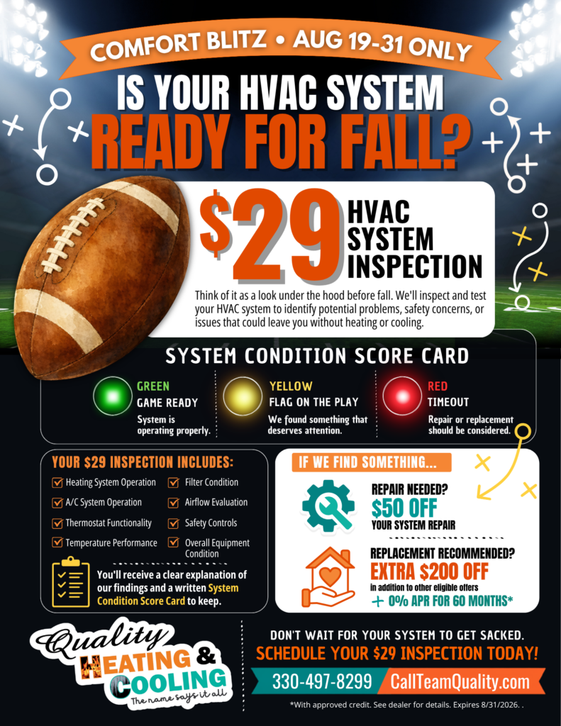 Is your HVAC System ready for Fall. Find out now during our comfort blitz. HVAC Inspection only $29